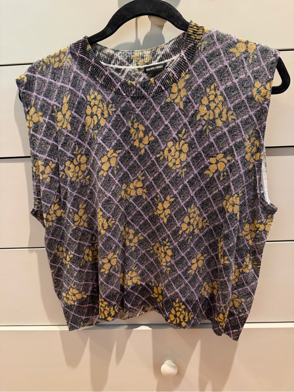 Rachel Comey Sleeveless Floral Grid Knit Top - Black, Mustard & Lavender